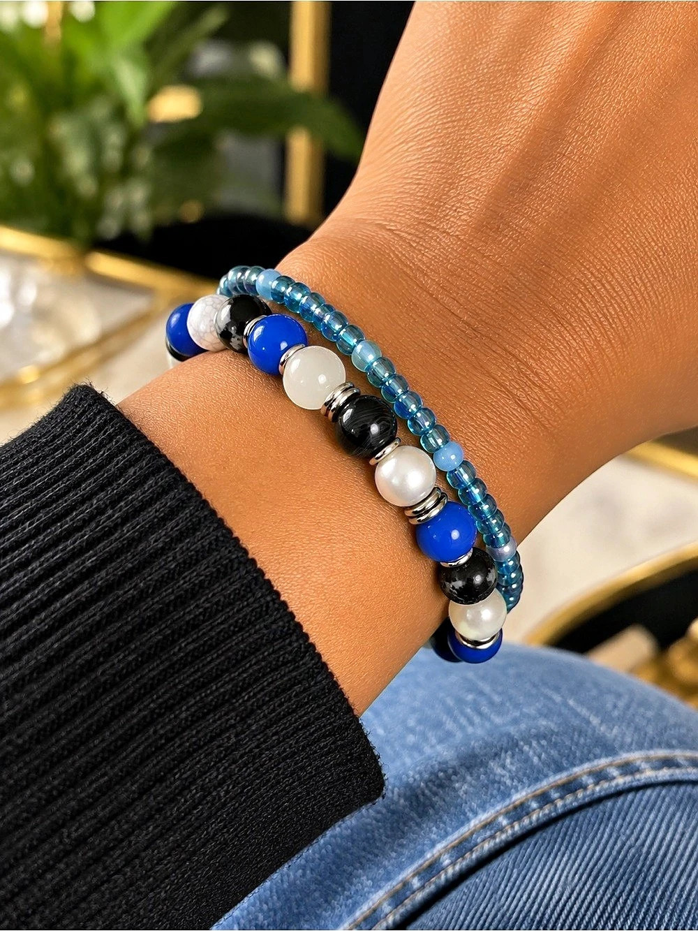 Blue & Black Beaded Bracelet Set Like New